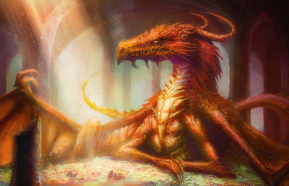 An illustration of Tolkien's dragon Smaug sitting atop his hoarded gold. Artist: David Demarit, CC BY-SA 3.0 license.